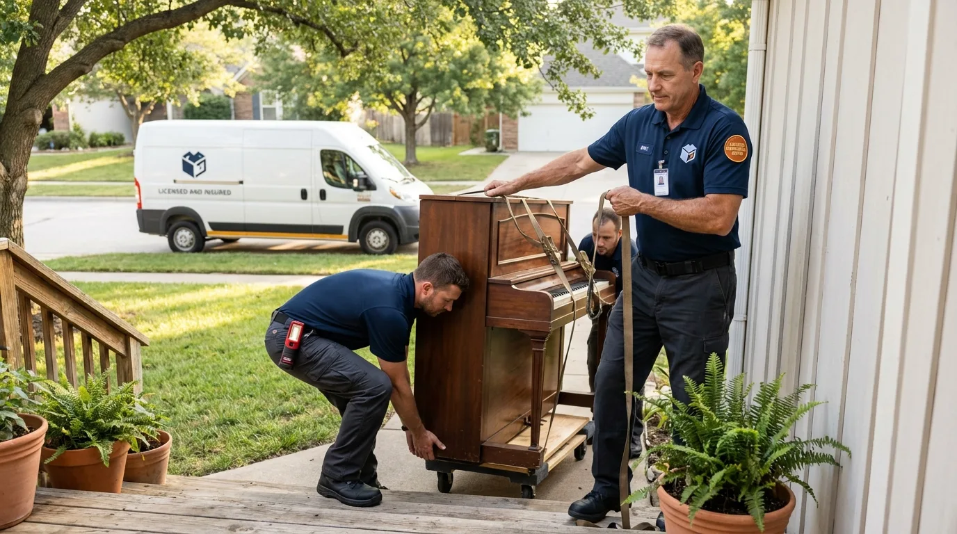 Licensed piano movers securing grand piano in Jordan, NY