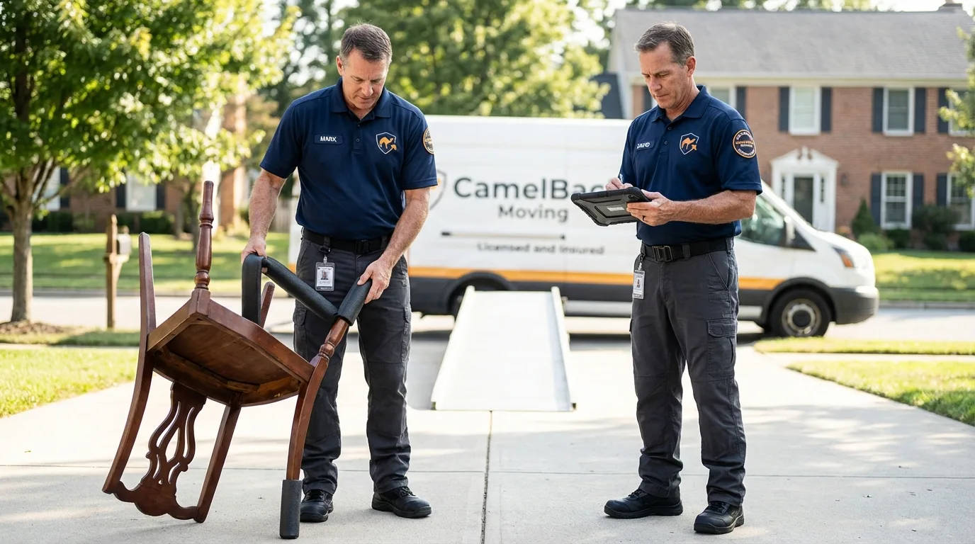 Movers inspecting furniture for damage prevention before loading in Jordan, NY