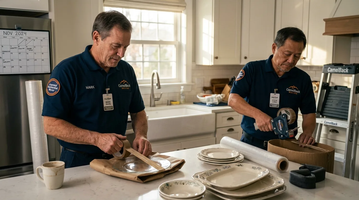 Professional crew packing kitchen dishware in Jordan, NY